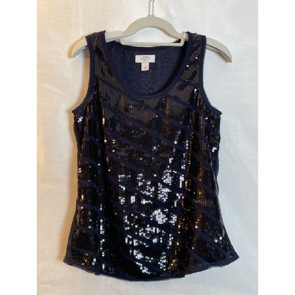 Ann Taylor Loft Sequined Top - Size PM - Dark Blue w/Black Sequins - Picture 1 of 8